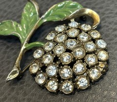 Vintage Art Deco Large Fruit Leaf Brooch Enamel & Rhinestone Pot Metal Pin