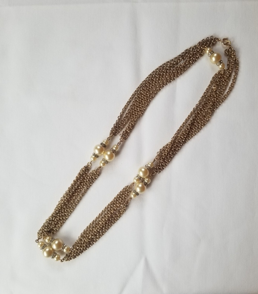 Vintage 54″ Multi Chain Necklace Faux Champagne Pearls Rhinestones Germany