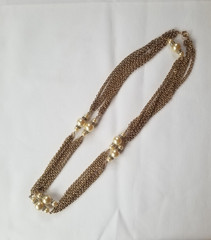 Vintage 54″ Multi Chain Necklace Faux Champagne Pearls Rhinestones Germany