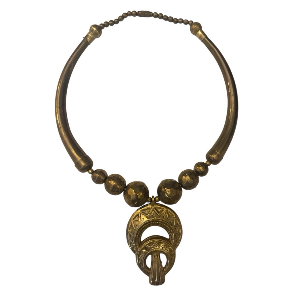 Vintage Brass Etruscan Necklace Tribal Statement Egyptian Revival Art Deco