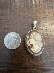 Oval Cameo Pendant Charm Brown & Ivory Profile Portrait Bezel Set
