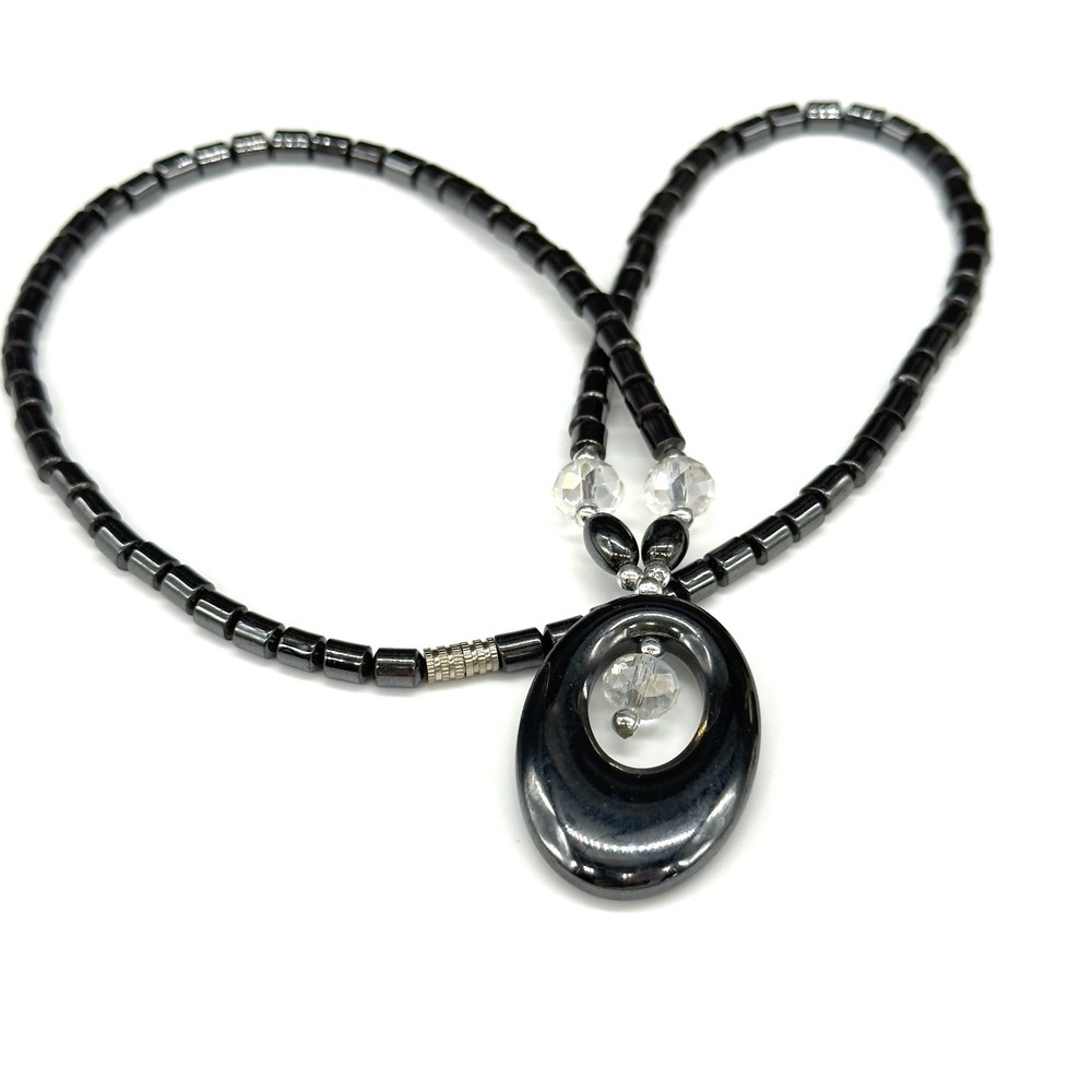 Vintage Necklace Hematite Beads and Pendant Glass Crystals 17 Inches