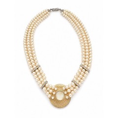 Vintage Multi-Strand Faux Pearl Statement Necklace Rhinestone Cabochon Chunky