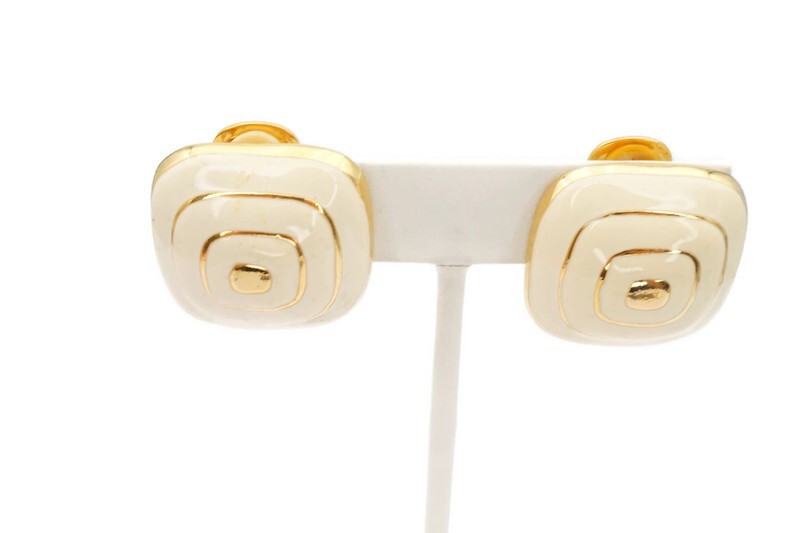 Vintage Clip On Earrings Gold Tone White Enamel Square