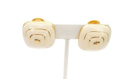 Vintage Clip On Earrings Gold Tone White Enamel Square
