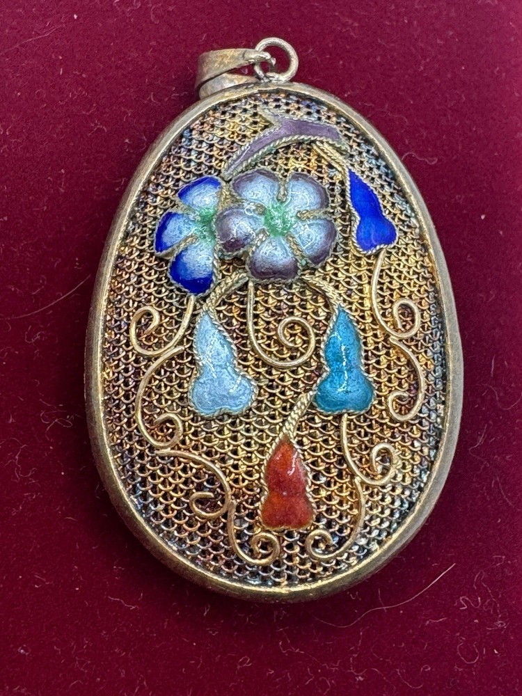 Chinese Export Vintage Silver Multi Color Enamel Flower Pendant Large Sterling