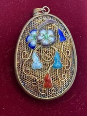 Chinese Export Vintage Silver Multi Color Enamel Flower Pendant Large Sterling