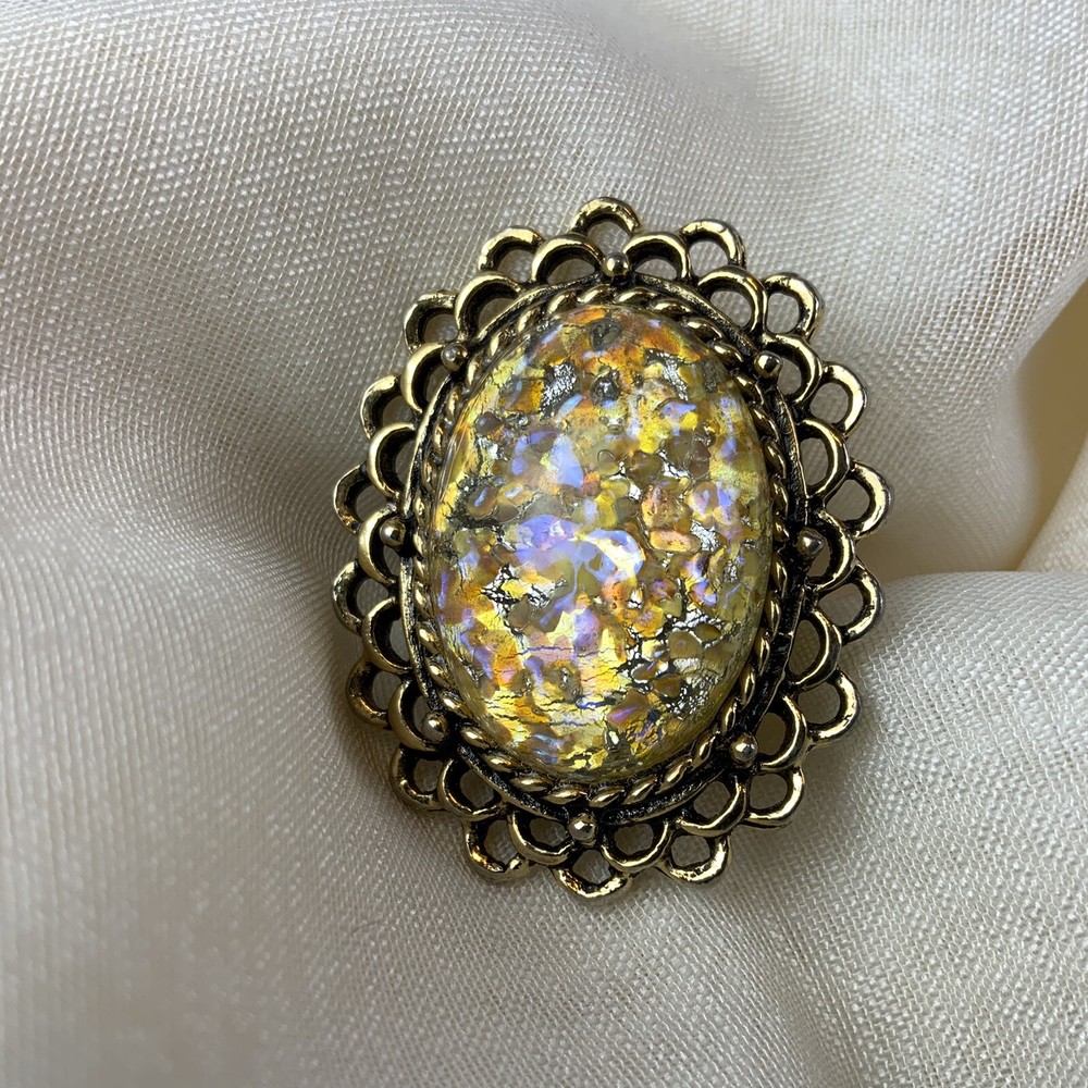 Vintage Brass Tone Chunky Lucite Glitter Crackle Ring One Size Fits All