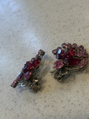 Vintage Juliana style Red Navette pink Chaton Rhinestone spray clip earrings