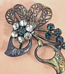 Art Deco Revival Brass Filigree Pin Open back Green Rhinestones Czech style
