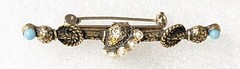 Vintage Etruscan Revival Seed Faux Pearls & Tiny Blue Cabs Bar style Brooch