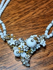 Vintage Early Signed Laguna 2-Strand Wired Center Wht Glass Rhinestone Necklace