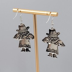 Vintage Angel Cowgirl Pierced Earrings Silver tone Dangle 1.5 in