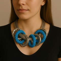 Vintage Graziano Mesh Chain Runway Necklace Estate Jewelry Statement Blue Enamel
