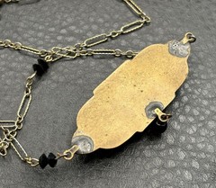Vintage Art Deco Gold Tone Black Glass Pendant Necklace Chain 20”