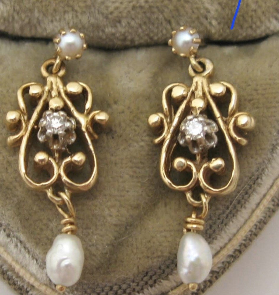Vintage Estate 14K Gold, Diamond & Tear Drop Pearl Earrings
