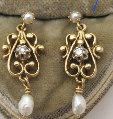 Vintage Estate 14K Gold, Diamond & Tear Drop Pearl Earrings