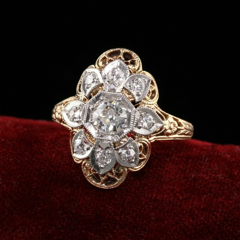 Vintage Style Sclloped Shield Ring 2.2 Ct Simulated Diamond 14k Yellow Gold Over