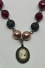 Cameo Pendant Necklace Burgundy Beads Faux Pearl Filigree 18″ Necklace