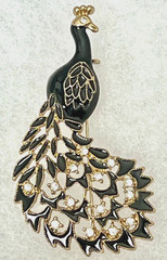 Vintage Enamel Rhinestone Peacock Era Brooch Gold Tone Black Gold Tone Bird Pin