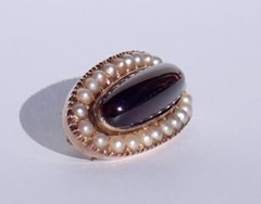 Pretty Antique Victorian 10K Gold Foiled Garnet Cabochon Pearl Pendant Pin 1886