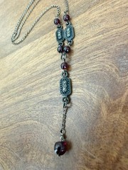 Vintage KC 925 Sterling Silver Garnet Marcasite Y Drop Lavalier Necklace