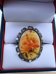 Vintage Adjustable Floral Glass Oval Cocktail Ring Gold Brass Multicolor