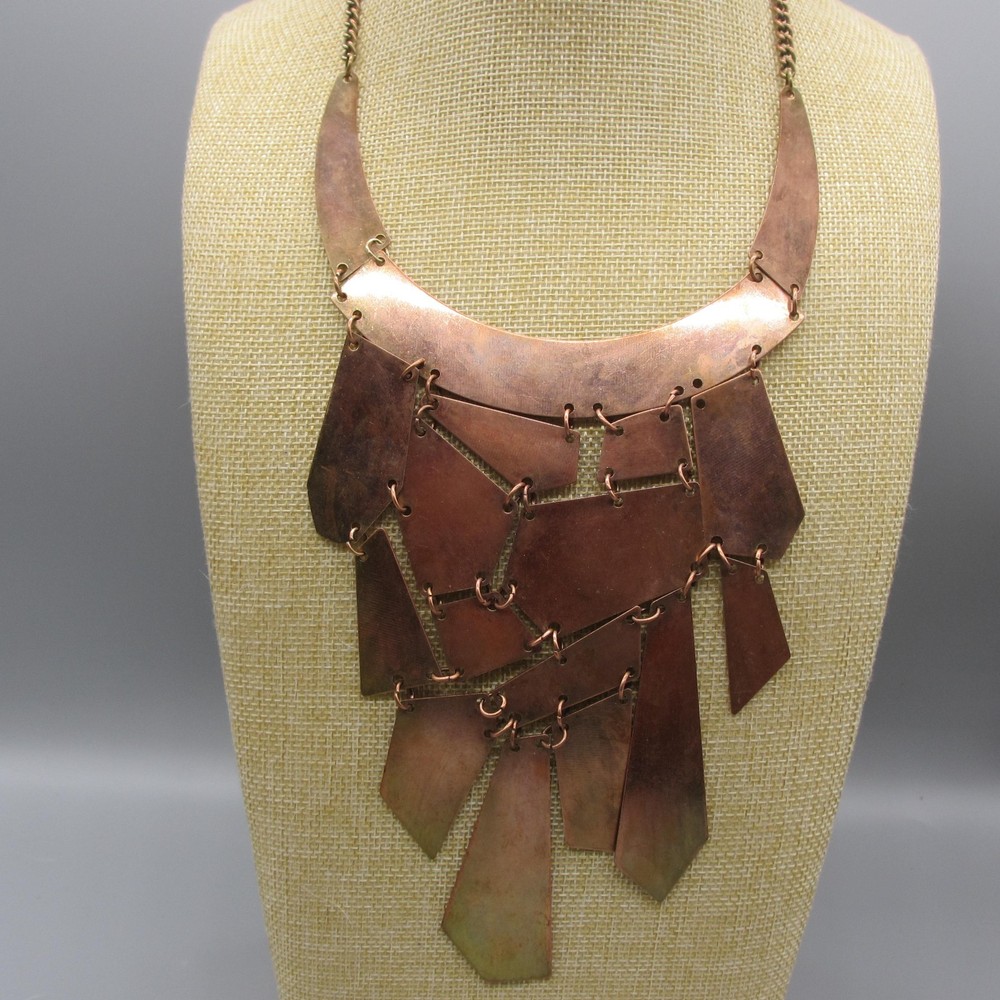 Vintage Artisan Copper Necklace Modernist Bib Statement 21 Inch