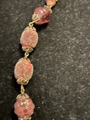 VTG Burgundy Glass Bead Necklace: Frit Sugared, Molded, Open Work Metal 26 In