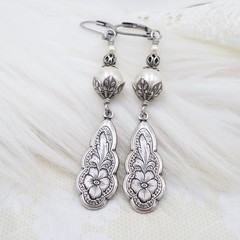 Art Nouveau Earrings, Antique Silver Tone Pansy Flower Cream Faux Pearl Jewelry