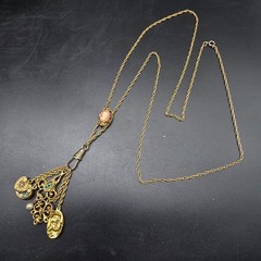 Etruscan Revival Charm Necklace Watch Fob Gold Tone Cameo Goldette Style
