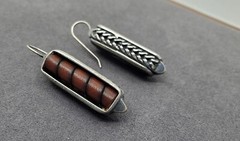 Vintage BEN-AMUN Modernist Silver Bar Dark Red Stripe Dangle Pierced Earrings