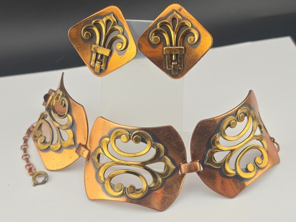 Unsigned Renoir Chunky Copper Brass Filigree Scroll Panel Bracelet Clip Earrings