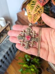 Maltese Heraldic Cross Necklace With Sparkling Pink Stone, 34gr Greek Cross