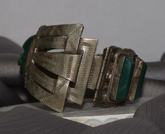 Vintage Mexico Sterling Silver Green Onyx Aztec Warrior Bracelet 60.8G/6.25in