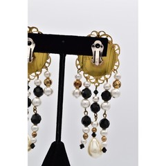 Jacklynn Vintage Beaded Fringe Clip On Earrings Black Crystal Pearl Gold BinBF