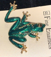 Gold Tone Emerald Green Enamel Frog Pin Fashion Brooch by Fine Enamels