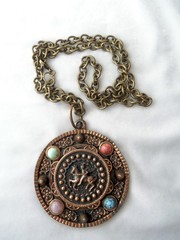 Vintage Copper Brass Faux Gemstone Knight Crest Shield Brooch Pendant Necklace