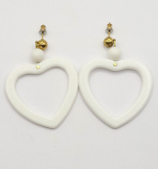 White Heart Open Center Bead Drop Dangle w Ball Stud Gold Tone Vintage Earrings