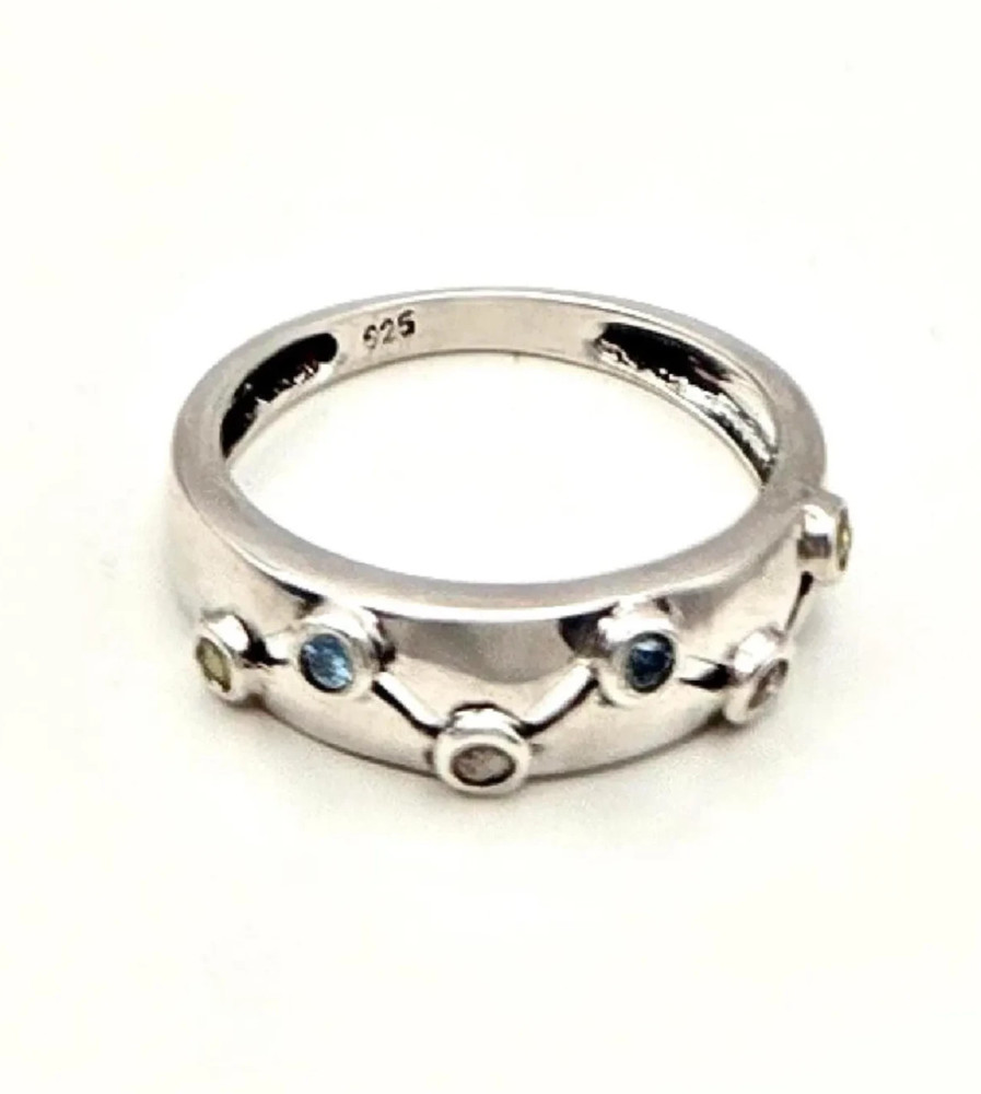 Vintage M&J Savitt Sterling Silver Multi Gemstone Ring – 1970s Modernist Band Si
