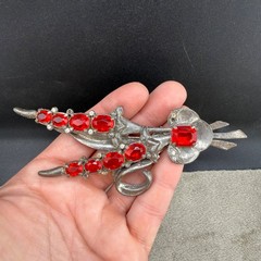 Vintage Pot Metal Brooch Red Rhinestone Silver Tone READ