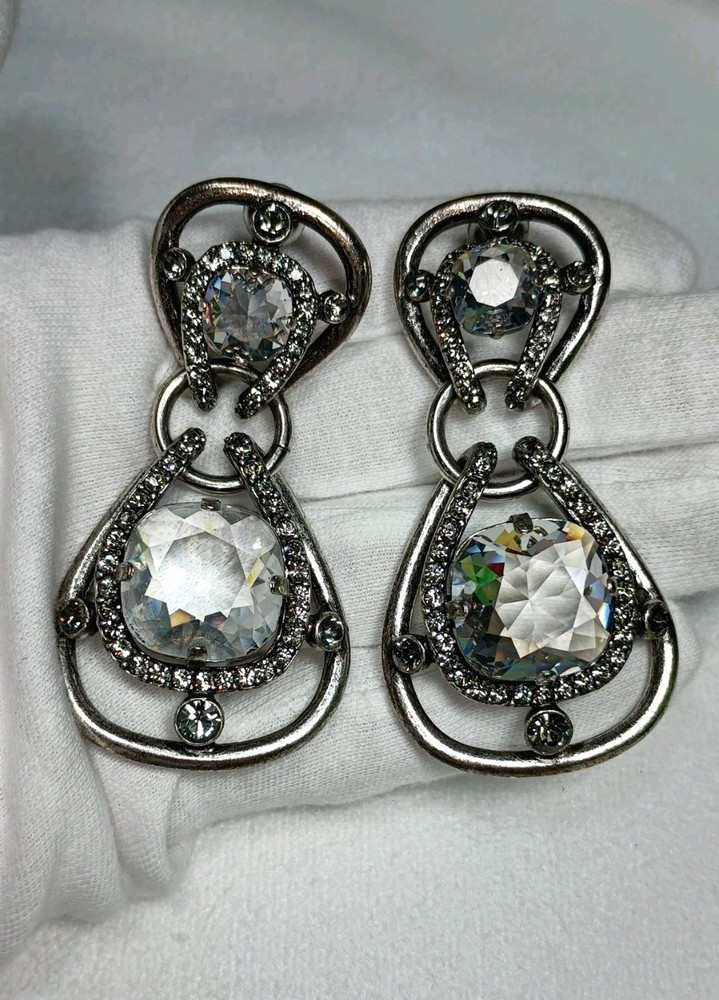 Lanvin Paris Gunmetal Color Clear Huge Crystal Drop Dangle Clip on Earrings