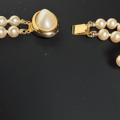 Vintage Double Strand Faux Pearl Choker Necklace Teardrop Clasp 15.5″ Gold Tone