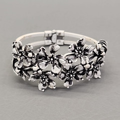 Vintage Clamper Bracelet Clip On Earrings Set White Enamel Black Washed Flowers