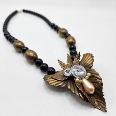 VINTAGE Art Deco Black and Copper Tone Statement Beaded Necklace