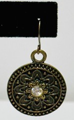 Antique Gold Tone Circle Dangle Earrings With Rhinestones 1.25in.