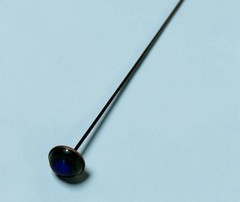 Antique Victorian Peacock Eye Glass Hat Pin Blue Green Foil Art Nouveau 8 inch