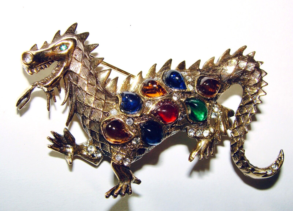 LA ROCO VINTAGE GRIPOIX GLASS MOGUL STYLE RHINESTONE DRAGON BROOCH PIN GOLD TONE