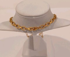 Vtg 30″ Liz Claiborne Gold Tone Chain Link Necklace With Blue And White Pendant