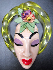ELZAC Victim of Fashion Lucite Head Dress Ceramic Face Vintage Pin Brooch